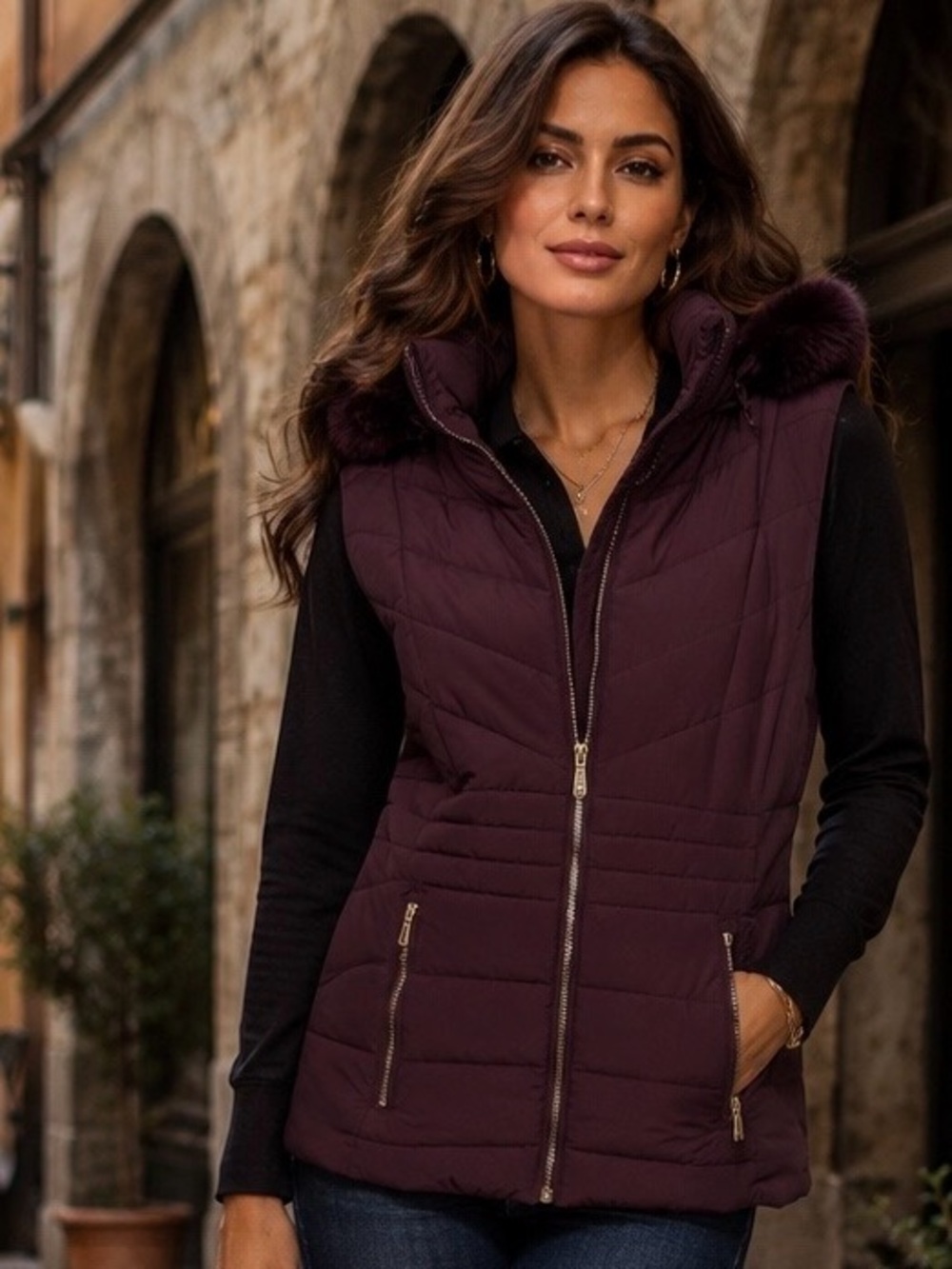 Quilted Hooded Puffer Vest - Plum colored
